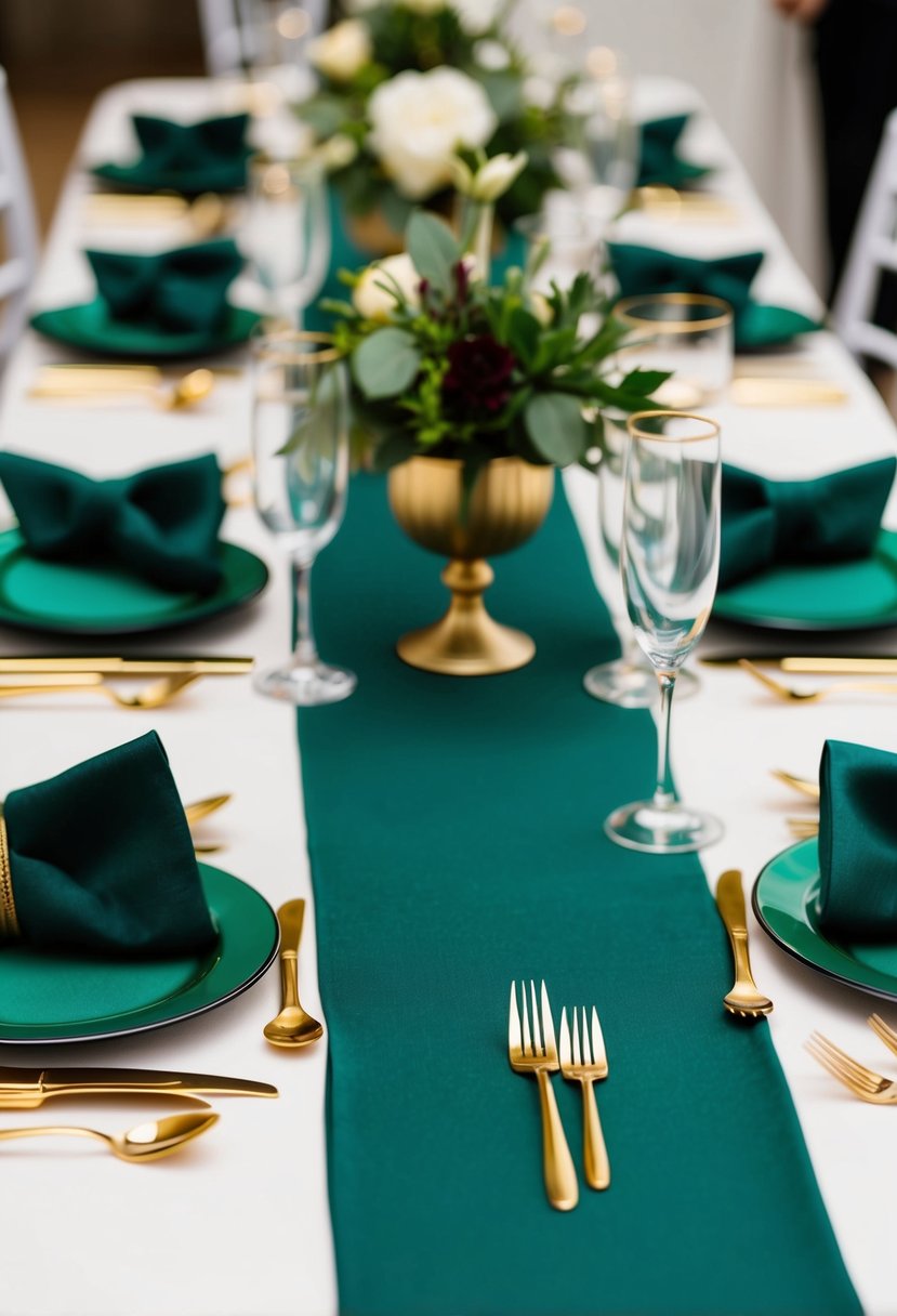 Forest green table runners complemented by gleaming gold cutlery create an elegant and luxurious setting for a wedding reception