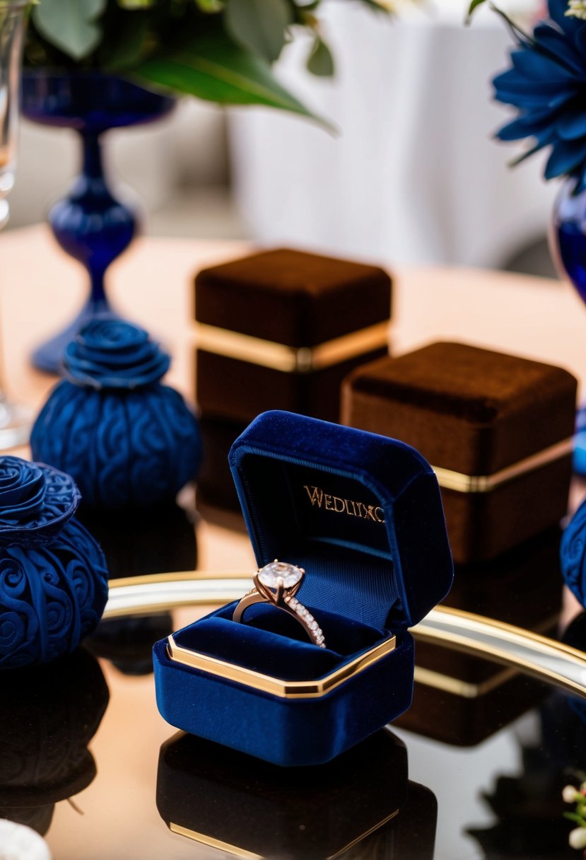 A navy blue velvet ring box sits on a table, surrounded by navy blue and brown wedding decor