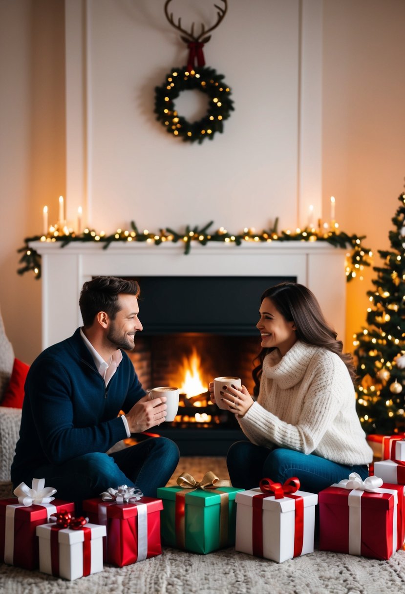 A cozy couple sits by a crackling fireplace, sipping hot cocoa and exchanging gifts under the glow of twinkling Christmas lights