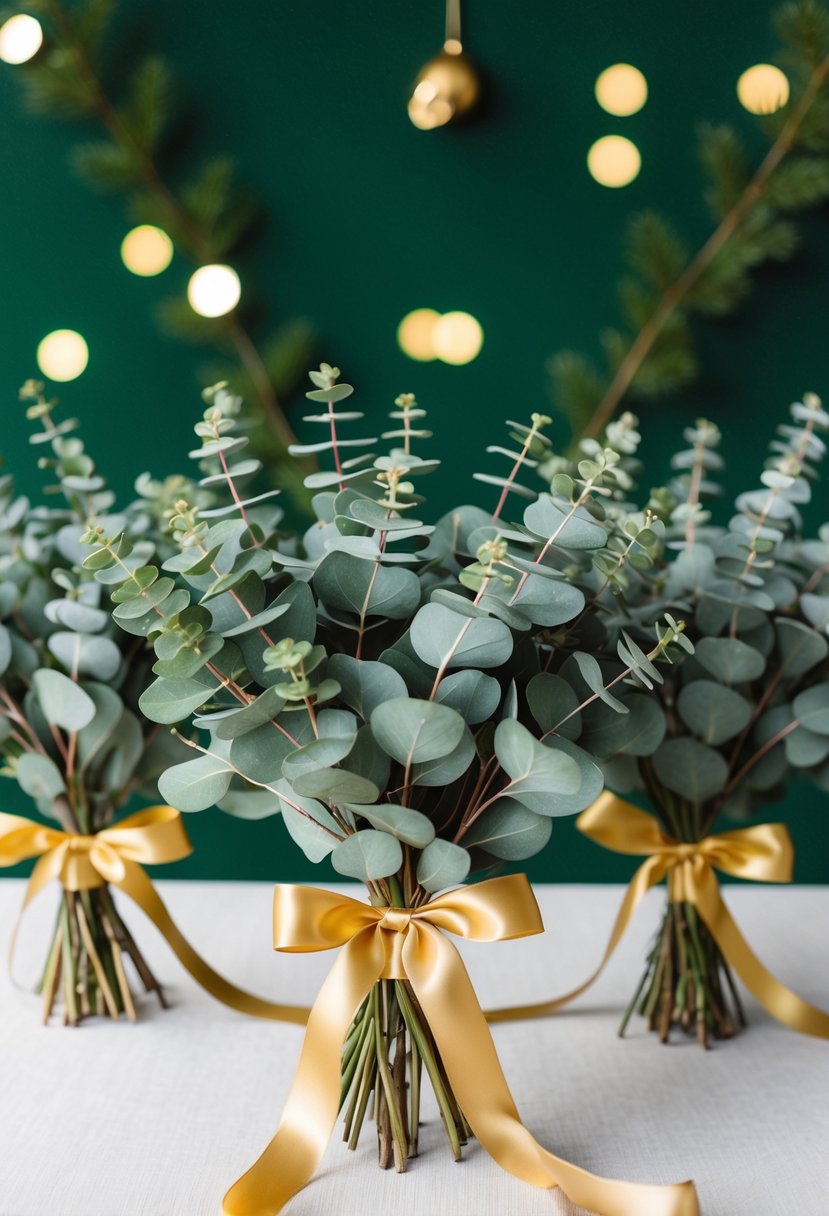 Lush eucalyptus bouquets tied with gold ribbon, set against a backdrop of forest green and gold accents