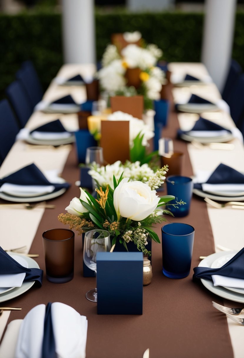 Brown and navy table centerpieces arranged in a modern and elegant display, with navy blue and brown accents for a wedding color scheme