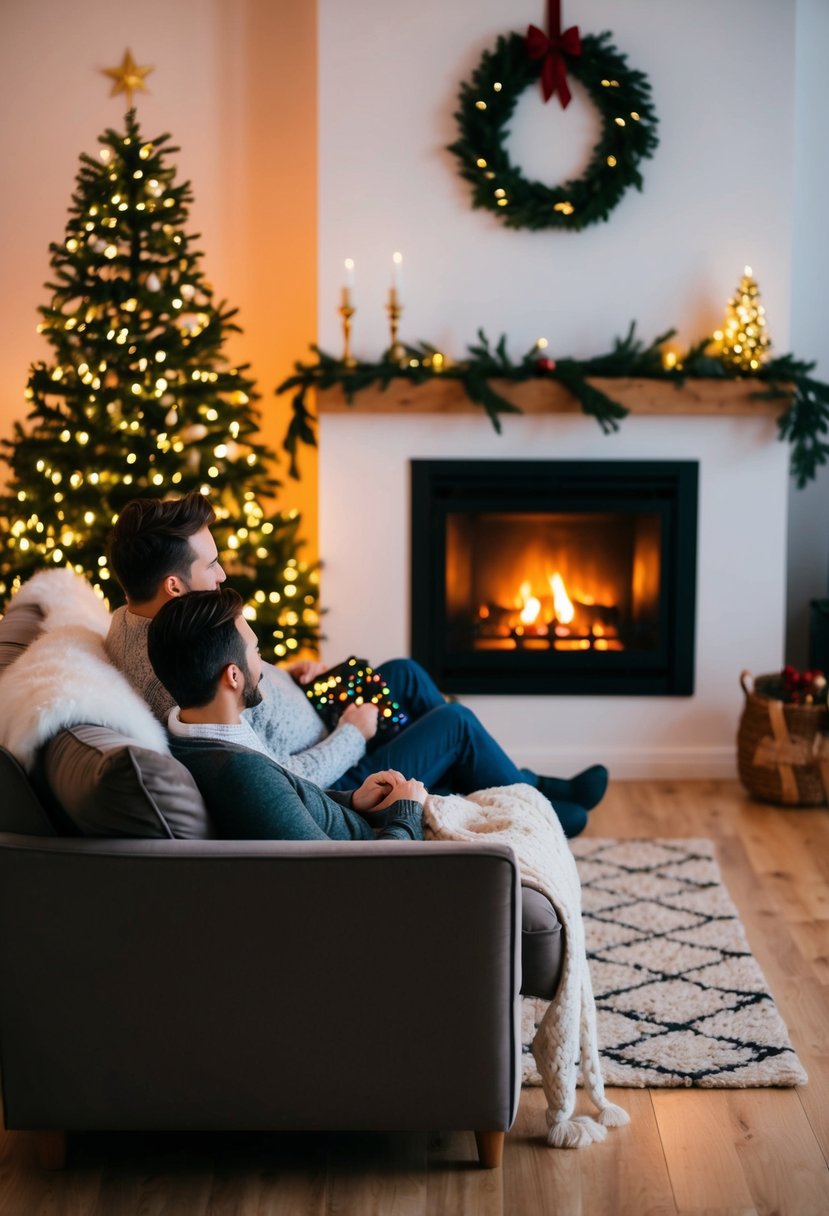 A warm living room with a glowing fireplace, twinkling Christmas lights, and a couple snuggled up on the couch watching a festive movie