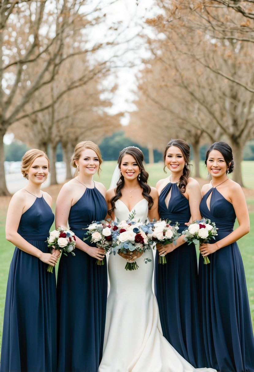 Elegant navy bridesmaid dresses in a wedding setting with navy blue and brown color scheme