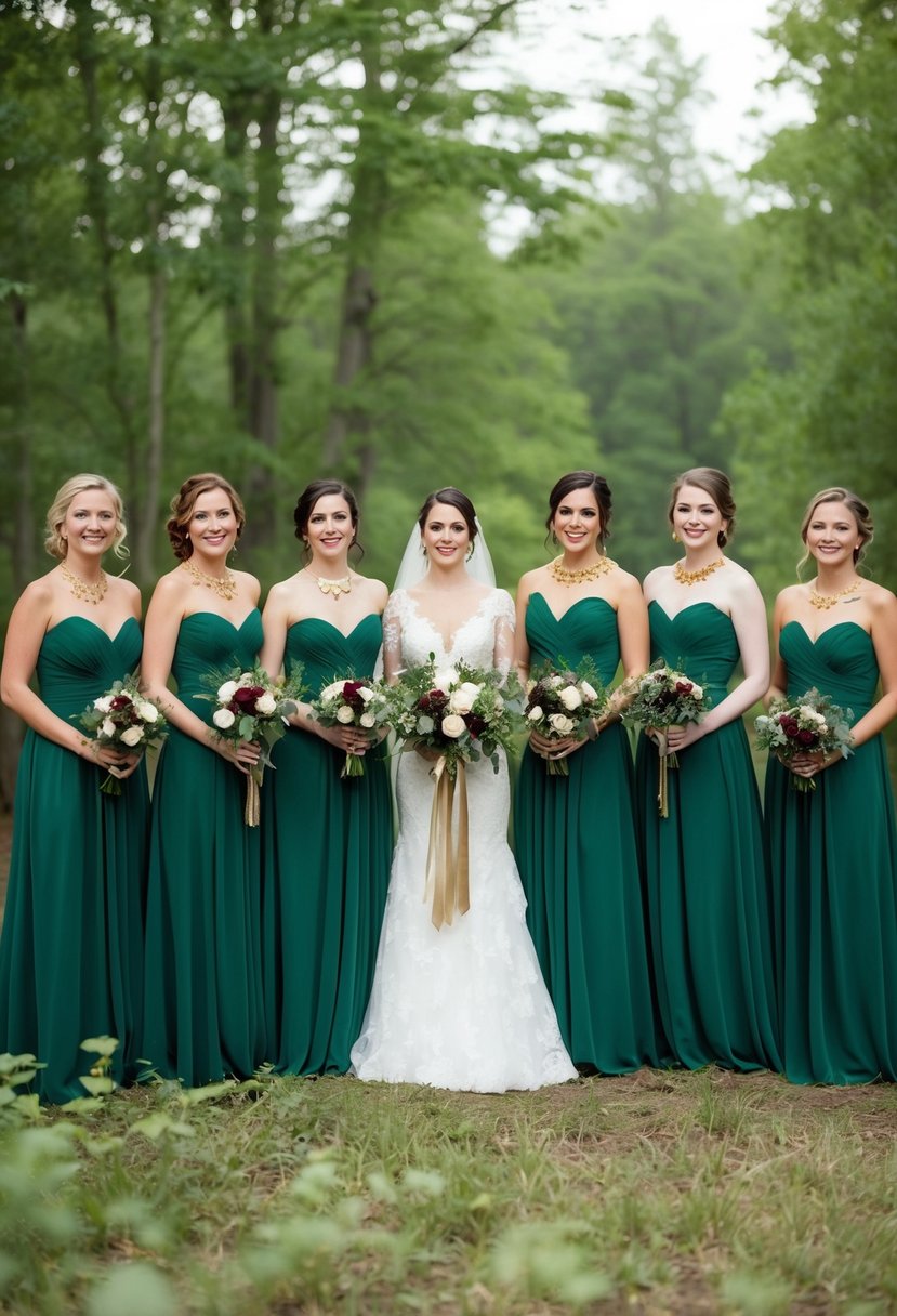 A group of forest green bridesmaid dresses with gold accessories arranged in a natural setting