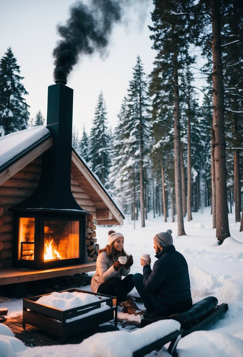 A cozy cabin nestled in a snow-covered forest, smoke rising from the chimney. A couple sits by the fire, sipping hot cocoa and gazing out at the winter wonderland