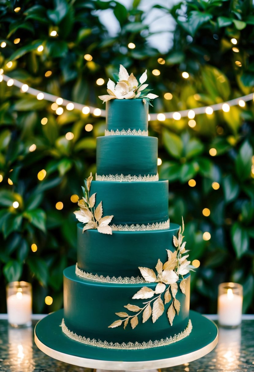 A three-tiered forest green wedding cake adorned with intricate gold leaf detailing and delicate gold accents, set against a backdrop of lush greenery and twinkling fairy lights