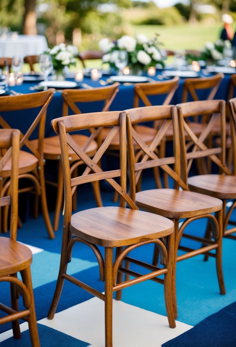 Rustic brown wooden chairs arranged in a navy blue and brown wedding color scheme