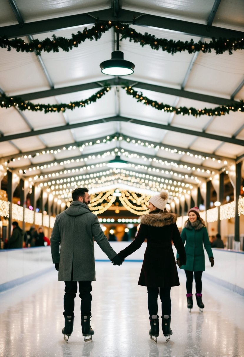 A festive ice rink with twinkling lights, couples skating hand in hand, surrounded by cheerful holiday decorations