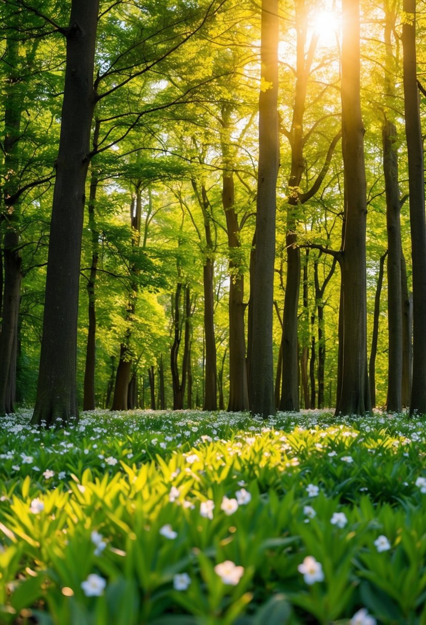 A lush forest with golden sunlight filtering through the trees, highlighting the vibrant forest green foliage and delicate white flowers scattered throughout