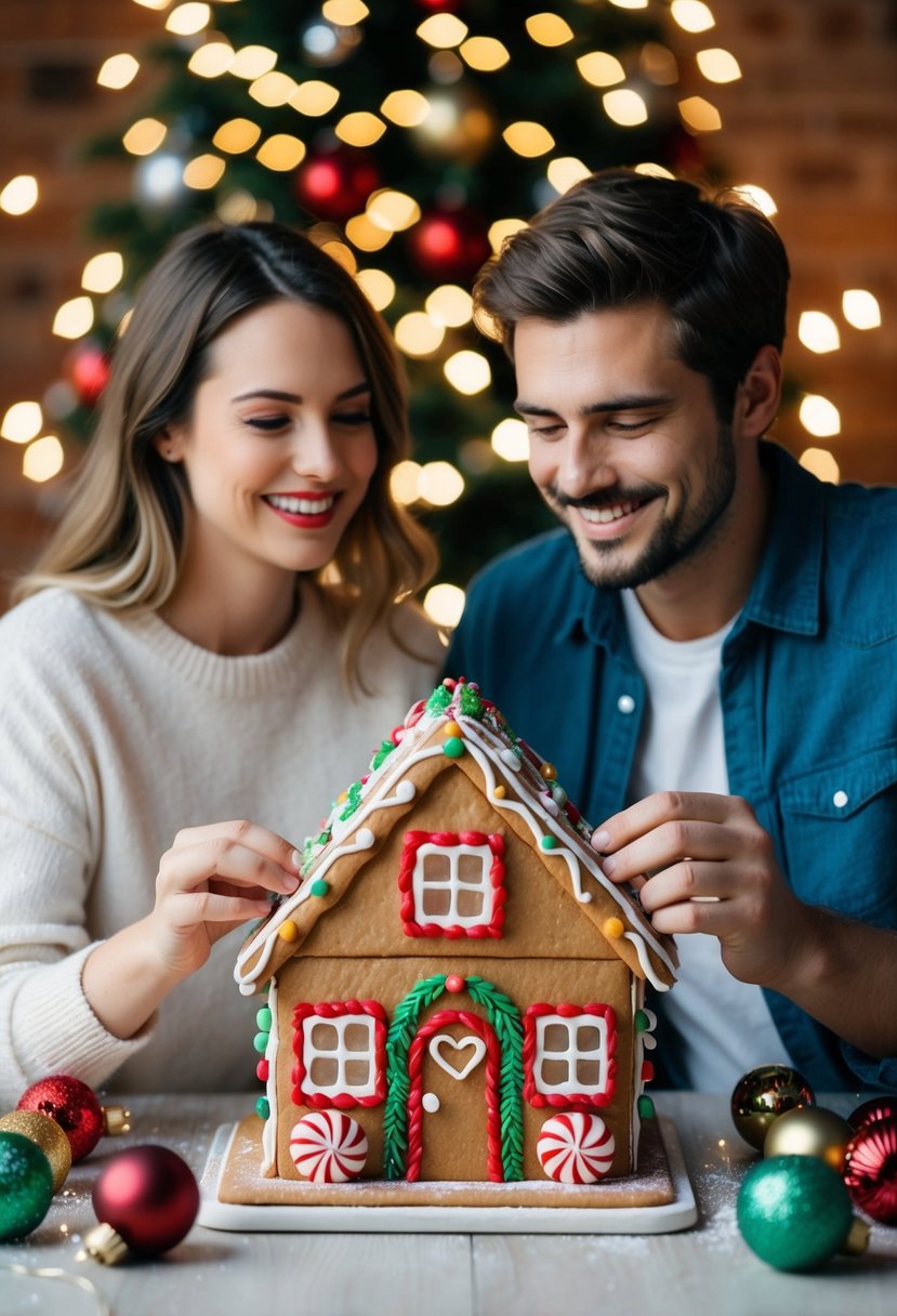 A couple constructs a gingerbread house together, surrounded by festive decorations and holiday lights