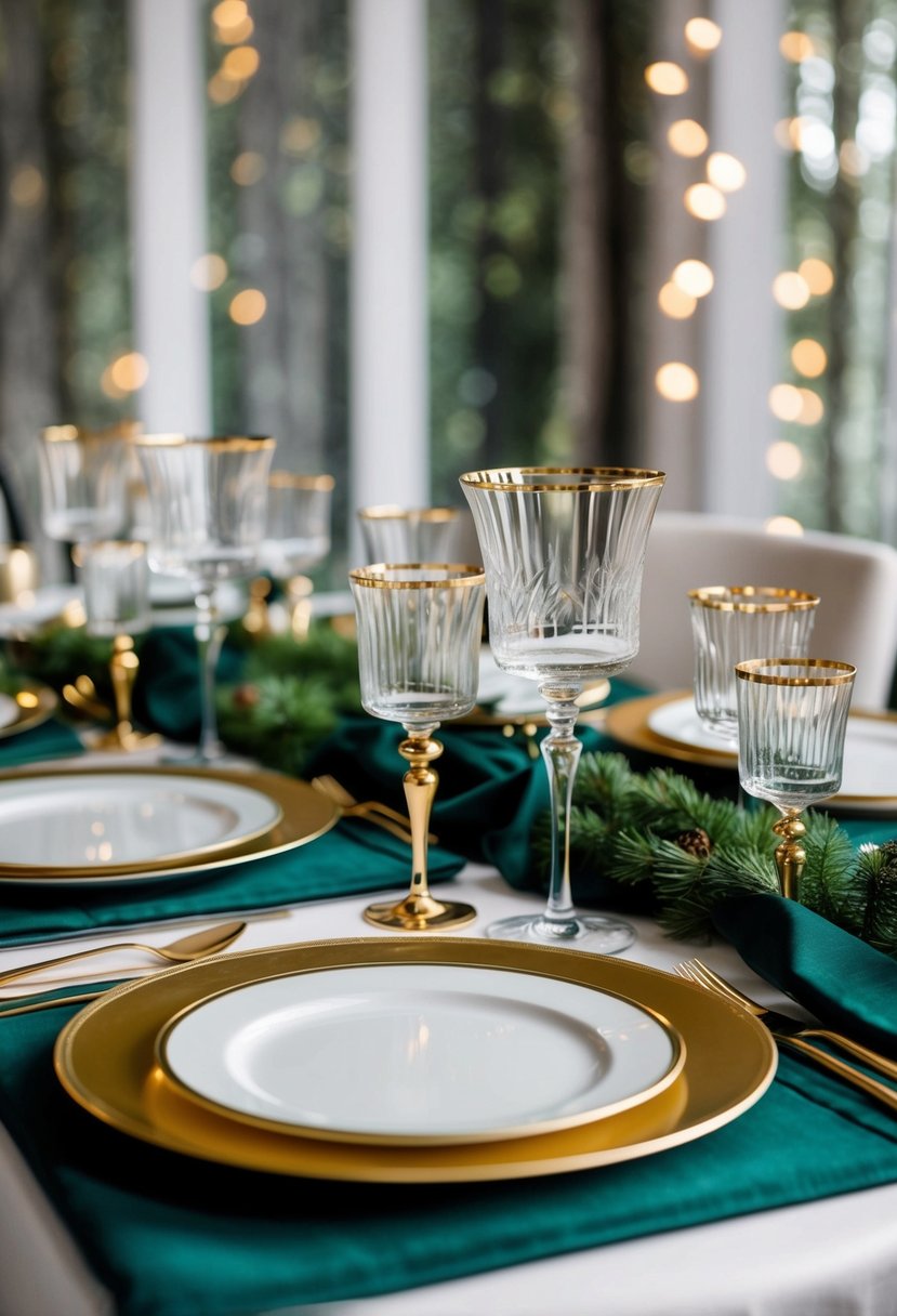 Gold-rimmed glassware arranged with forest green accents