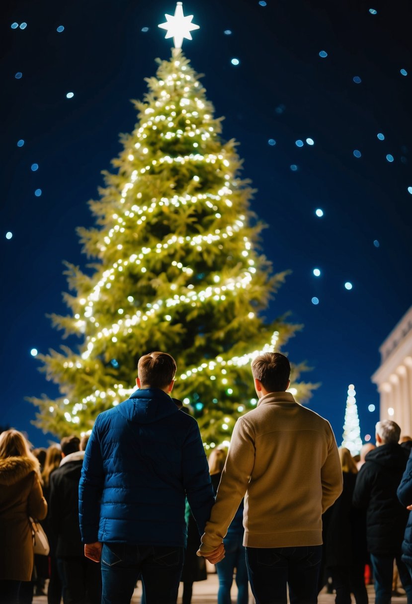 A couple holding hands watches as the Christmas tree is lit up, surrounded by a crowd of people, with the night sky twinkling above