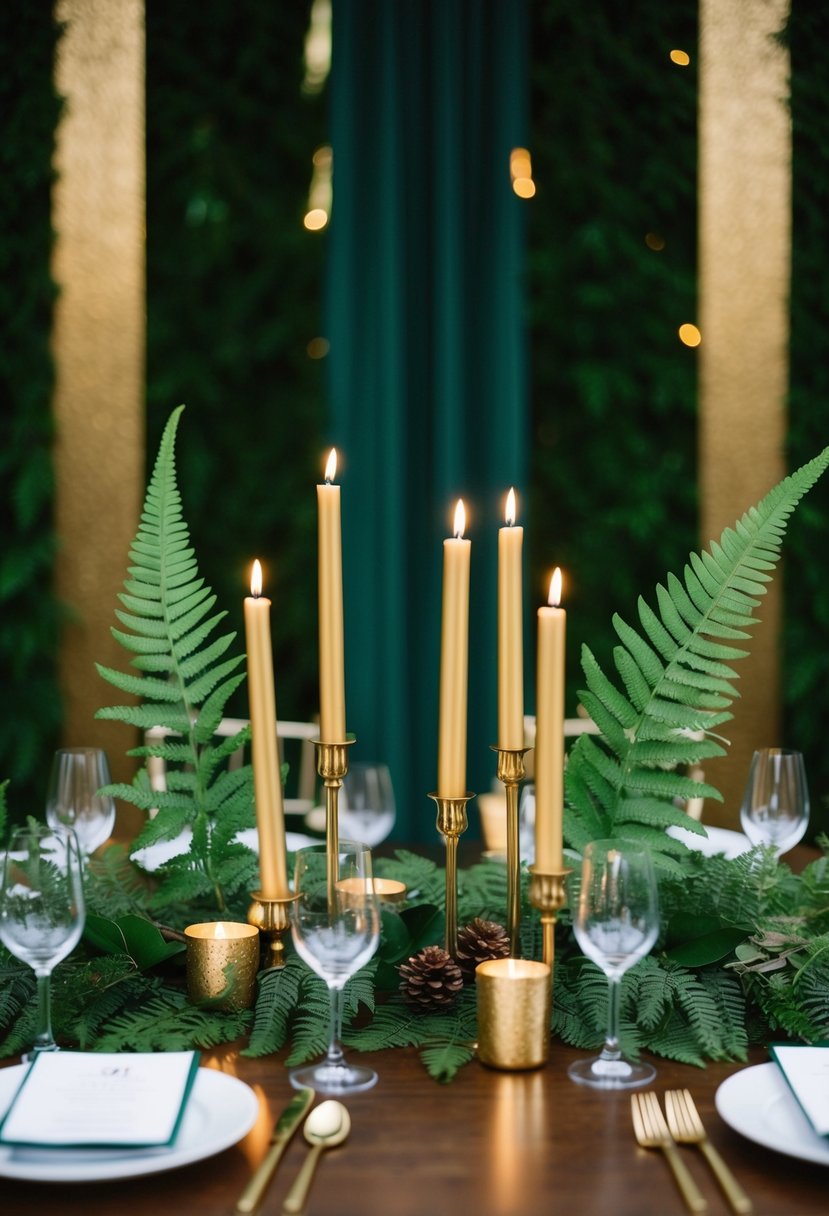 Green ferns and gold candles arranged in centerpieces, set against a forest green and gold backdrop