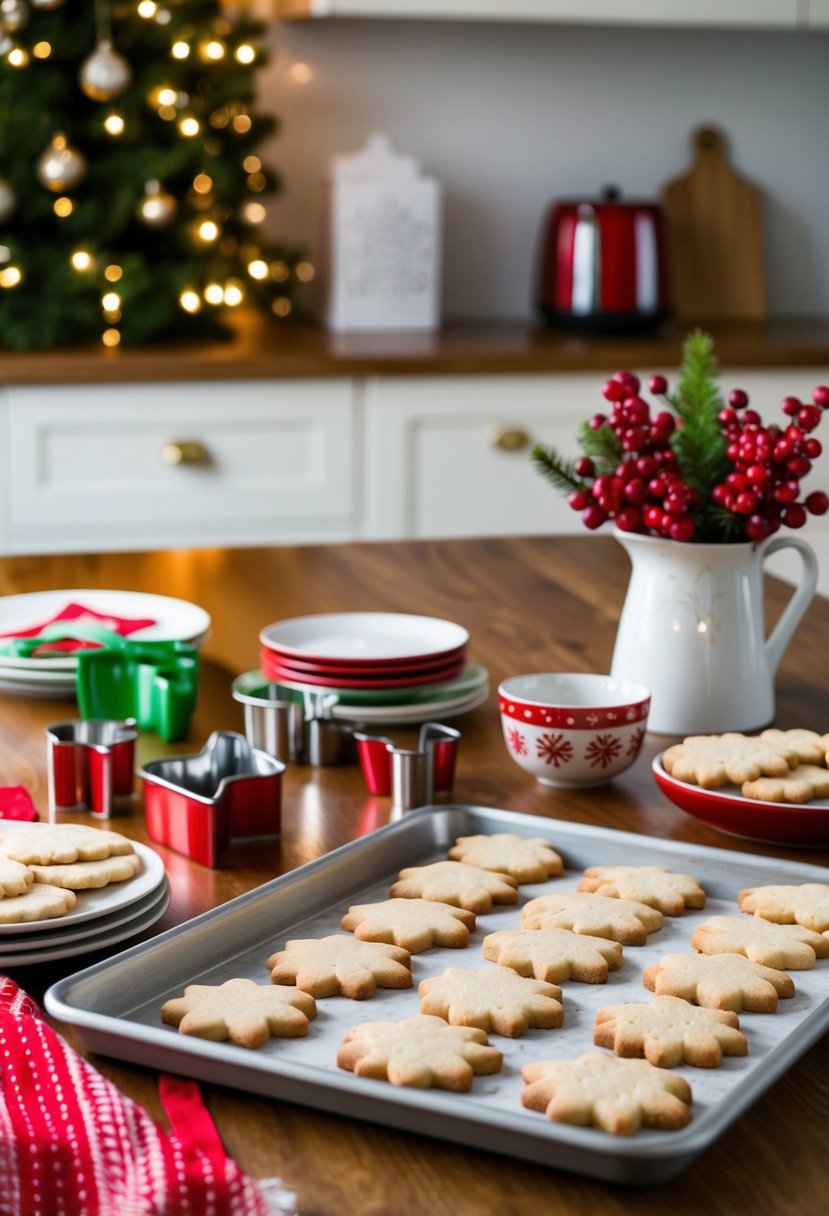 A cozy kitchen scene with a decorated table, festive cookie cutters, and a tray of freshly baked holiday cookies ready for decorating