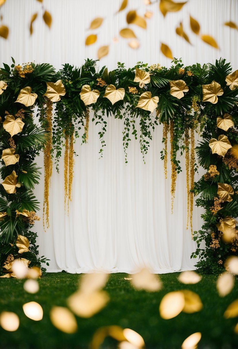 A lush forest backdrop with golden leaves and accents, creating an elegant and enchanting setting for a wedding