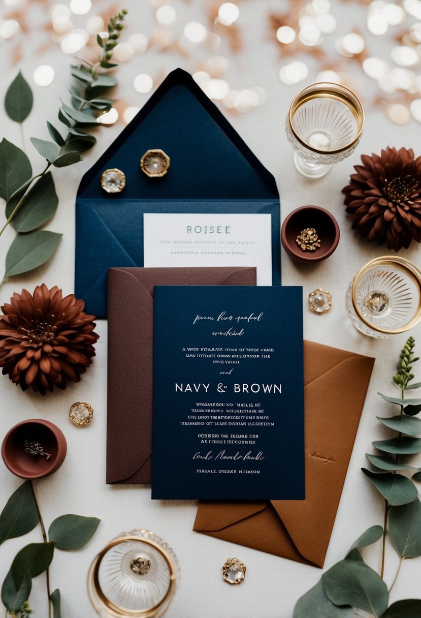 A navy and brown invitation suite surrounded by wedding decor in matching colors