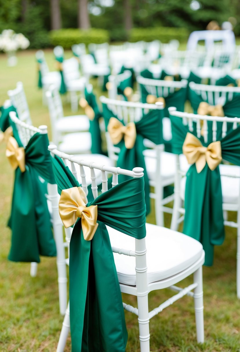 Chairs adorned with forest green sashes and gold bows for a wedding celebration