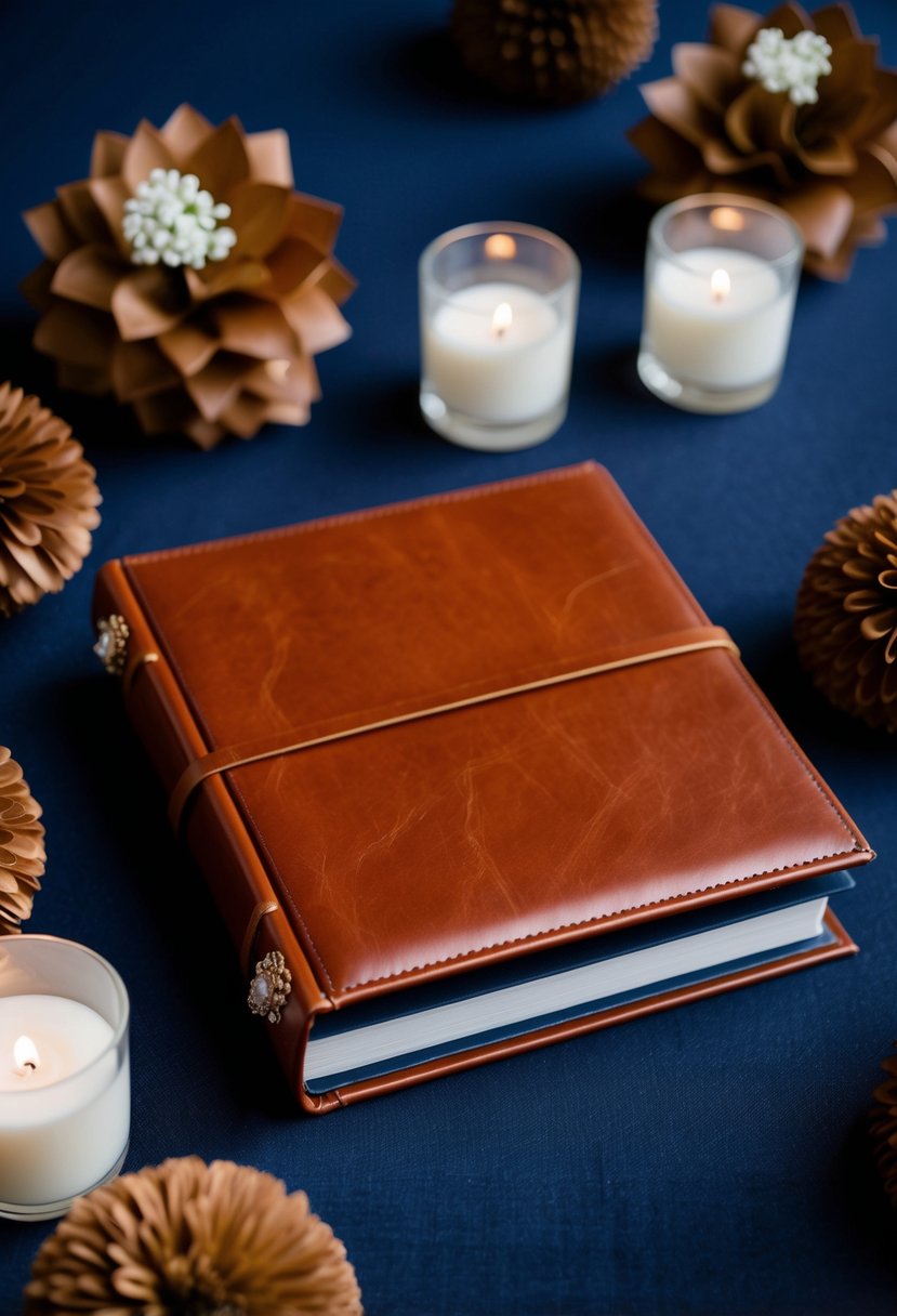 A brown leather wedding album surrounded by navy blue and brown wedding decor