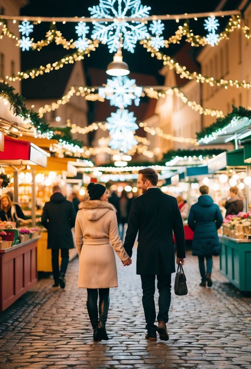 A festive holiday market with twinkling lights, colorful stalls, and couples strolling hand in hand