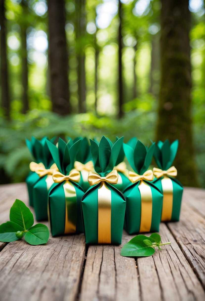 Forest green and gold favors arranged on a rustic wooden table in a lush forest setting