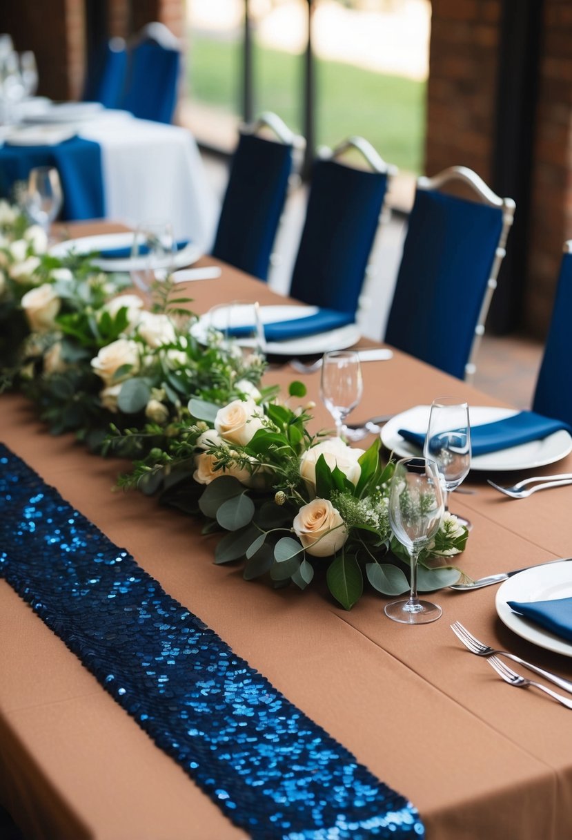 A navy blue sequin table runner lays across a table, complementing the brown and navy blue wedding color scheme