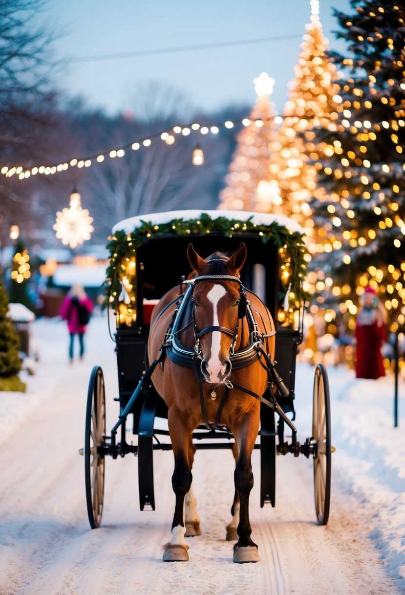 A cozy horse-drawn carriage glides through a winter wonderland, passing by twinkling lights and festive displays