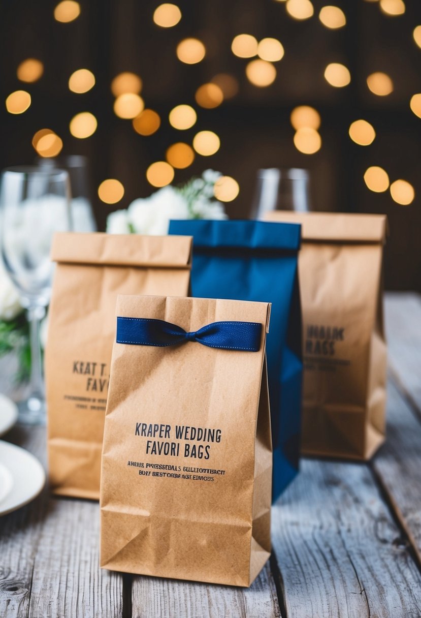 A rustic wedding scene with kraft paper favor bags in navy blue and brown color scheme