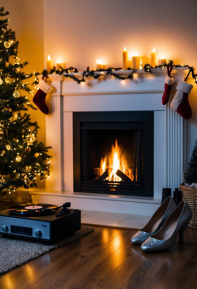 A cozy living room with a crackling fire, adorned with twinkling Christmas lights and candles. A record player sits in the corner, playing festive tunes as two pairs of empty dancing shoes wait by the hearth