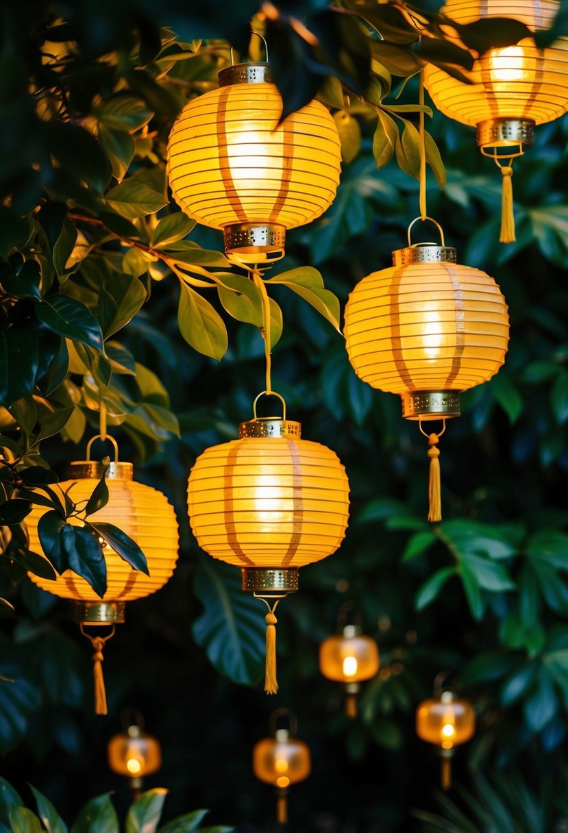 Golden lanterns hang among lush green foliage, casting a warm glow