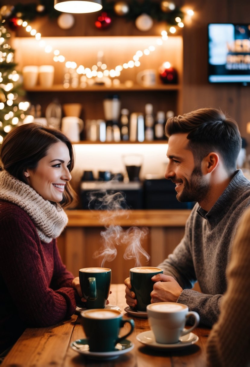 A cozy coffee shop with festive decorations and steaming mugs of seasonal brews, couples enjoying the warm atmosphere