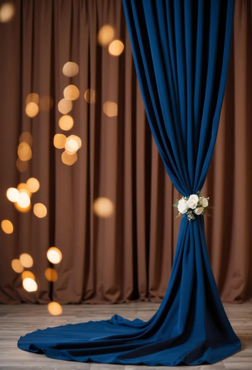 Rich navy drapery cascading against a backdrop of warm brown accents, evoking a luxurious and elegant wedding color scheme