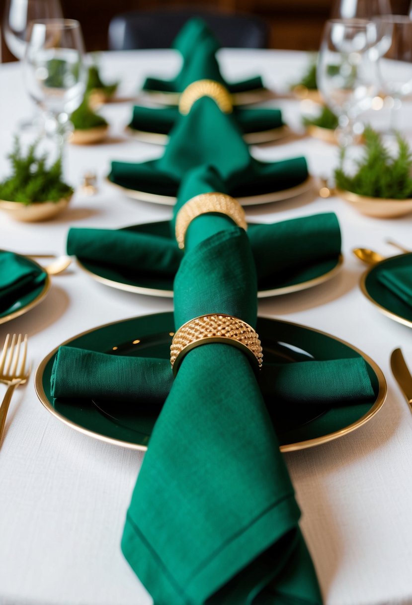 Forest green napkins with gold napkin rings arranged on a table