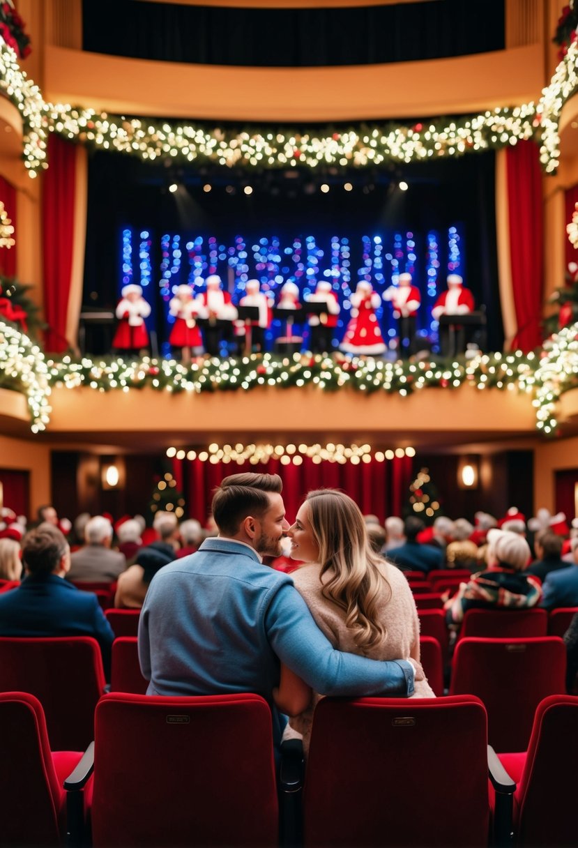 A couple sitting in a festively decorated theater, surrounded by twinkling lights and a stage filled with musicians and actors performing a Christmas concert or play