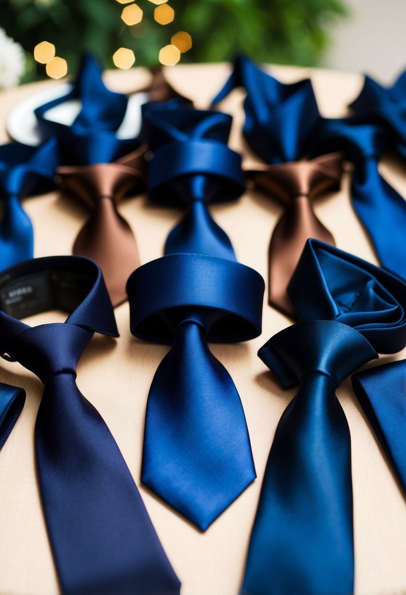 A group of navy blue silk ties arranged with brown accents for a wedding party