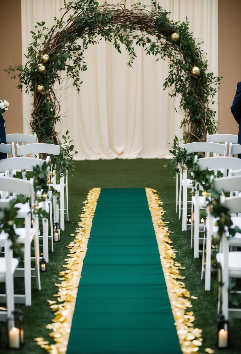 A forest green aisle runner adorned with gold petals stretches out beneath an archway of intertwined branches and leaves