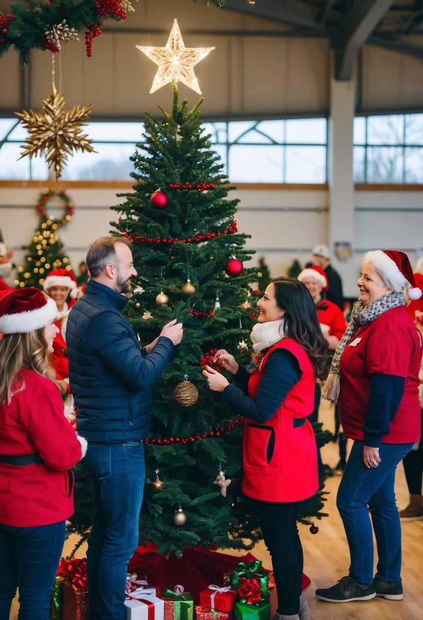 A couple decorates a Christmas tree at a charity event, surrounded by festive decorations and other volunteers