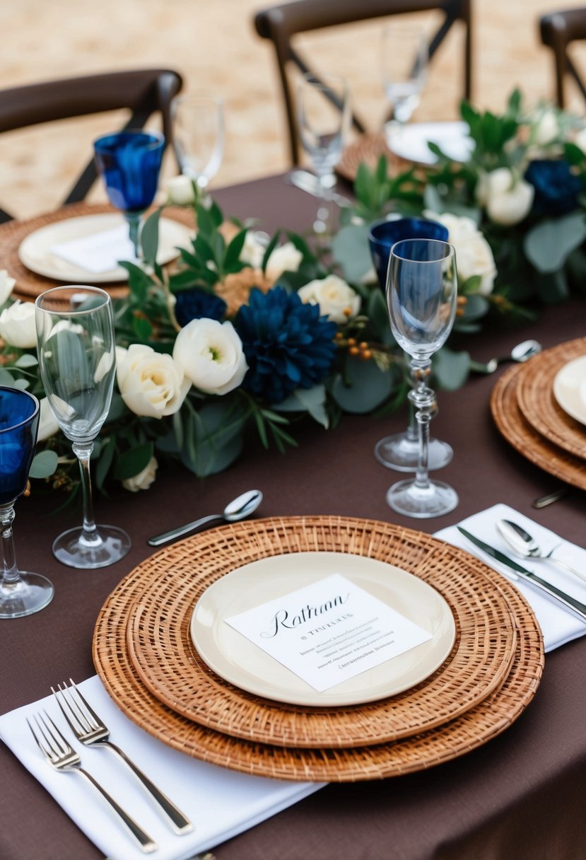 A table set with brown rattan charger plates and navy blue and brown wedding decor