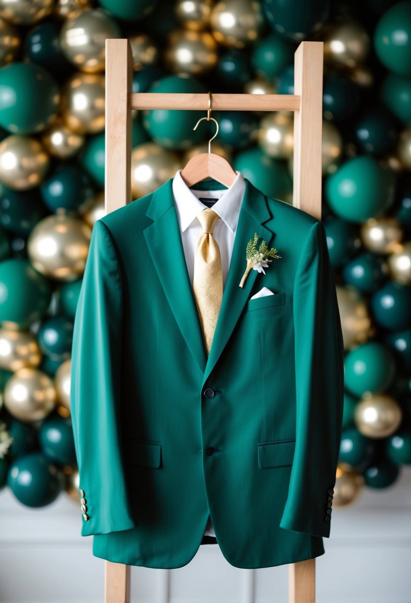 A forest green suit with a gold tie hangs on a wooden hanger against a backdrop of forest green and gold wedding decor