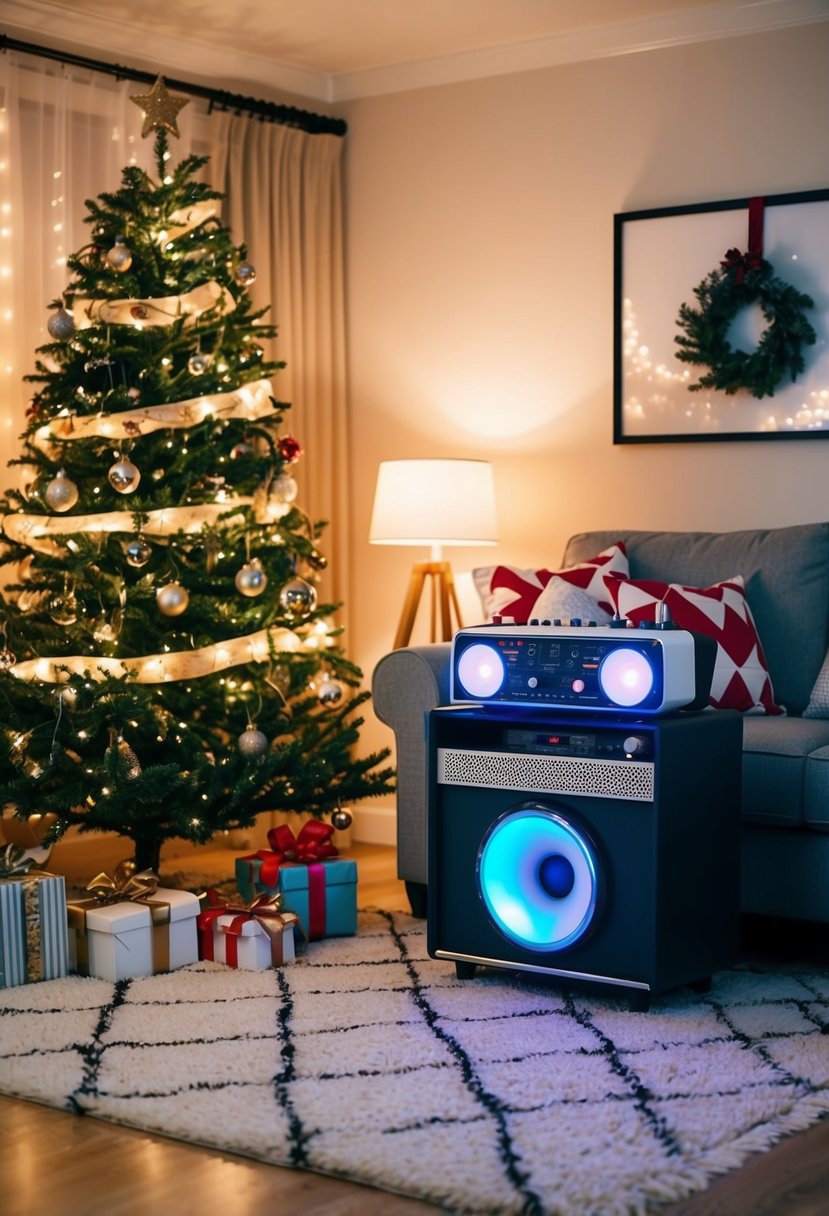 A cozy living room with a decorated Christmas tree, twinkling lights, and a karaoke machine set up for a fun holiday date night