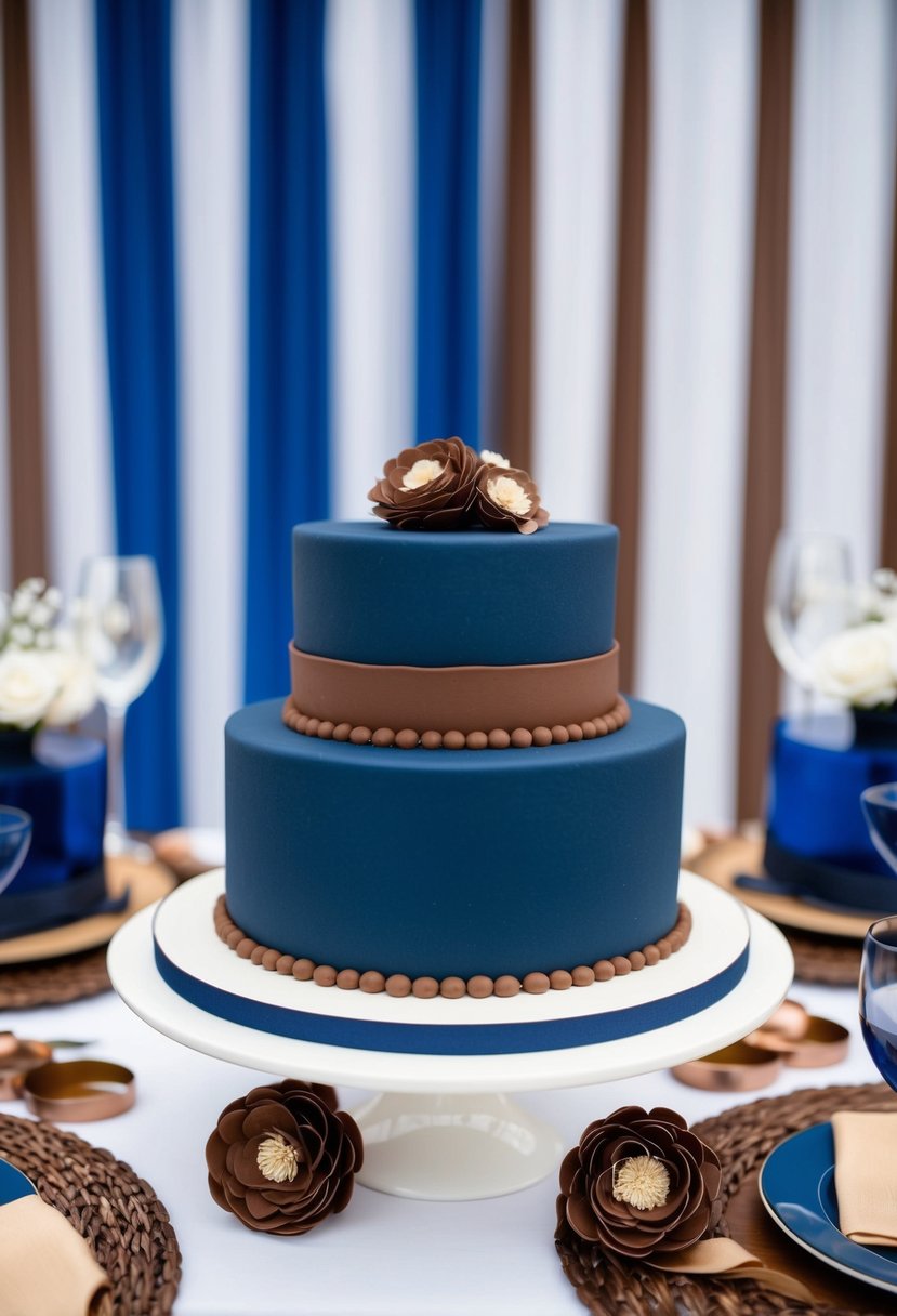 A navy blue cake with brown accents sits on a white table, surrounded by navy blue and brown wedding decor