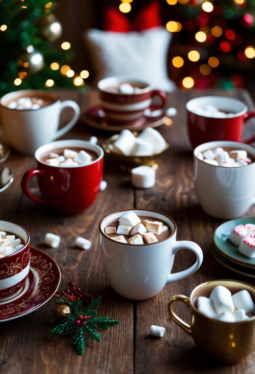 A cozy table with various hot cocoa mugs, marshmallows, and festive decorations