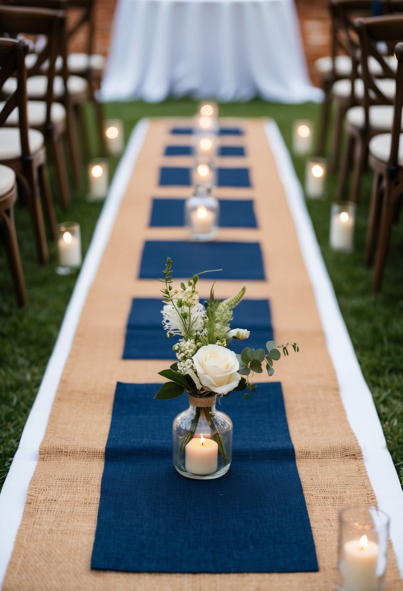 A rustic wedding scene with navy blue and brown burlap aisle runners