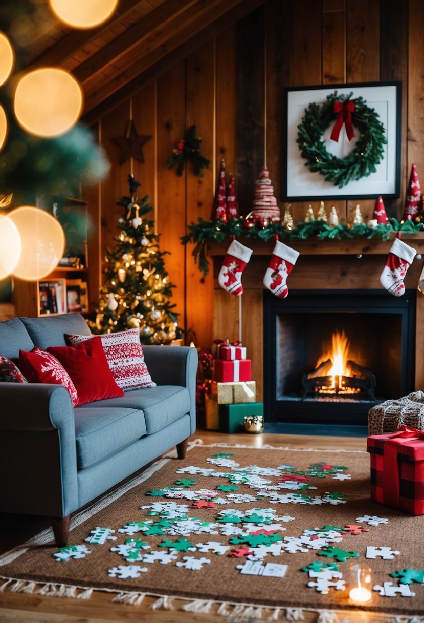 A cozy cabin with festive decorations, a crackling fireplace, and various holiday-themed puzzles and clues scattered throughout the room