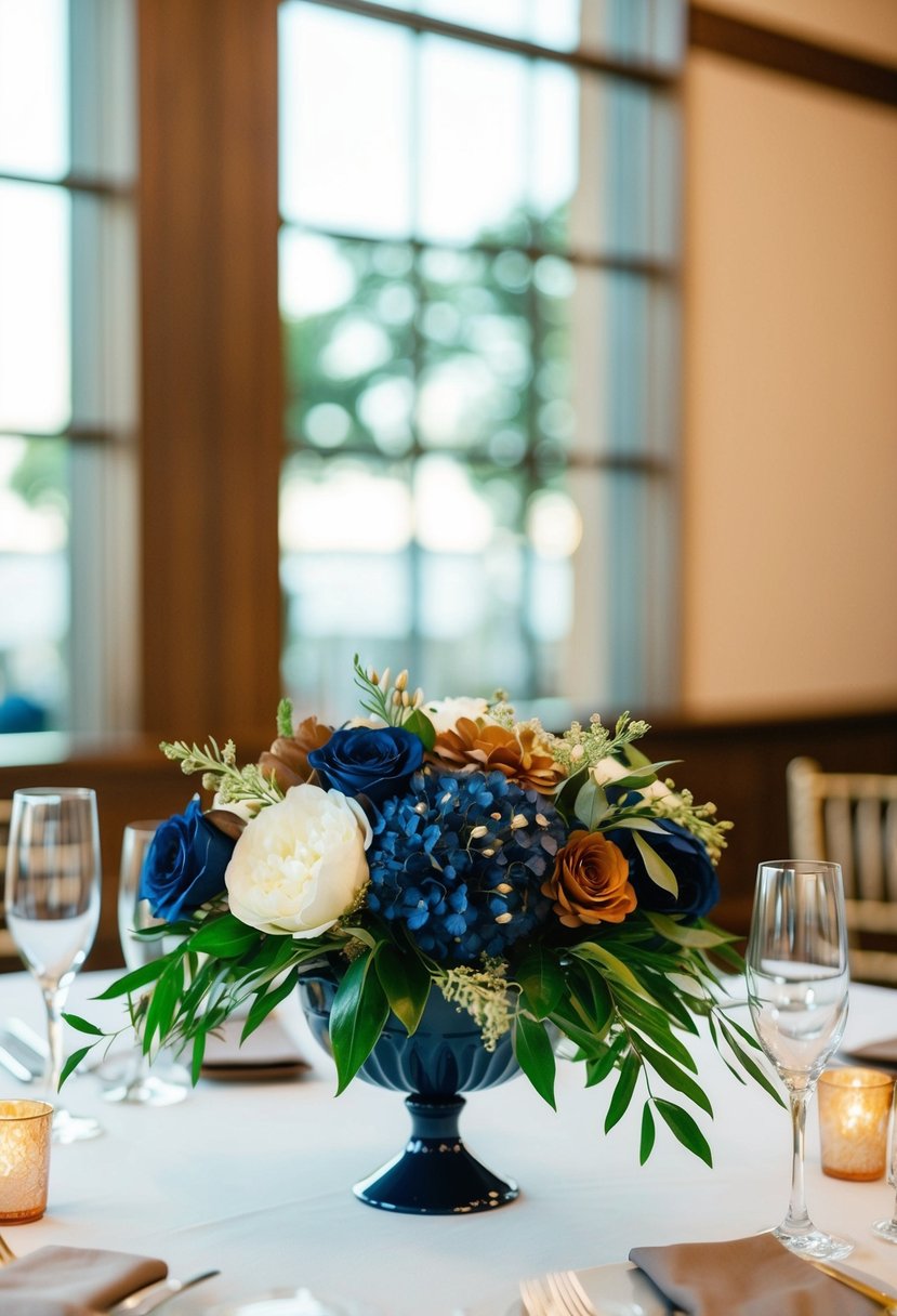 A navy blue and brown floral centerpiece on a wedding reception table