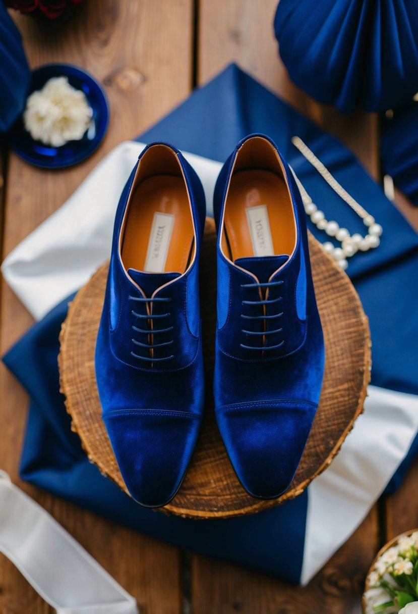 A pair of deep blue wedding shoes sits on a rustic wooden surface, surrounded by navy blue and brown wedding decor