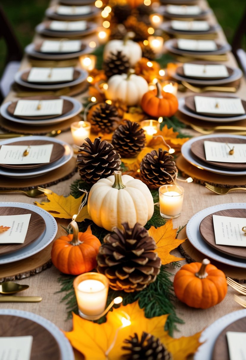 A table adorned with autumn leaves, pinecones, and mini pumpkin favors. A soft glow from string lights adds a warm, romantic ambiance