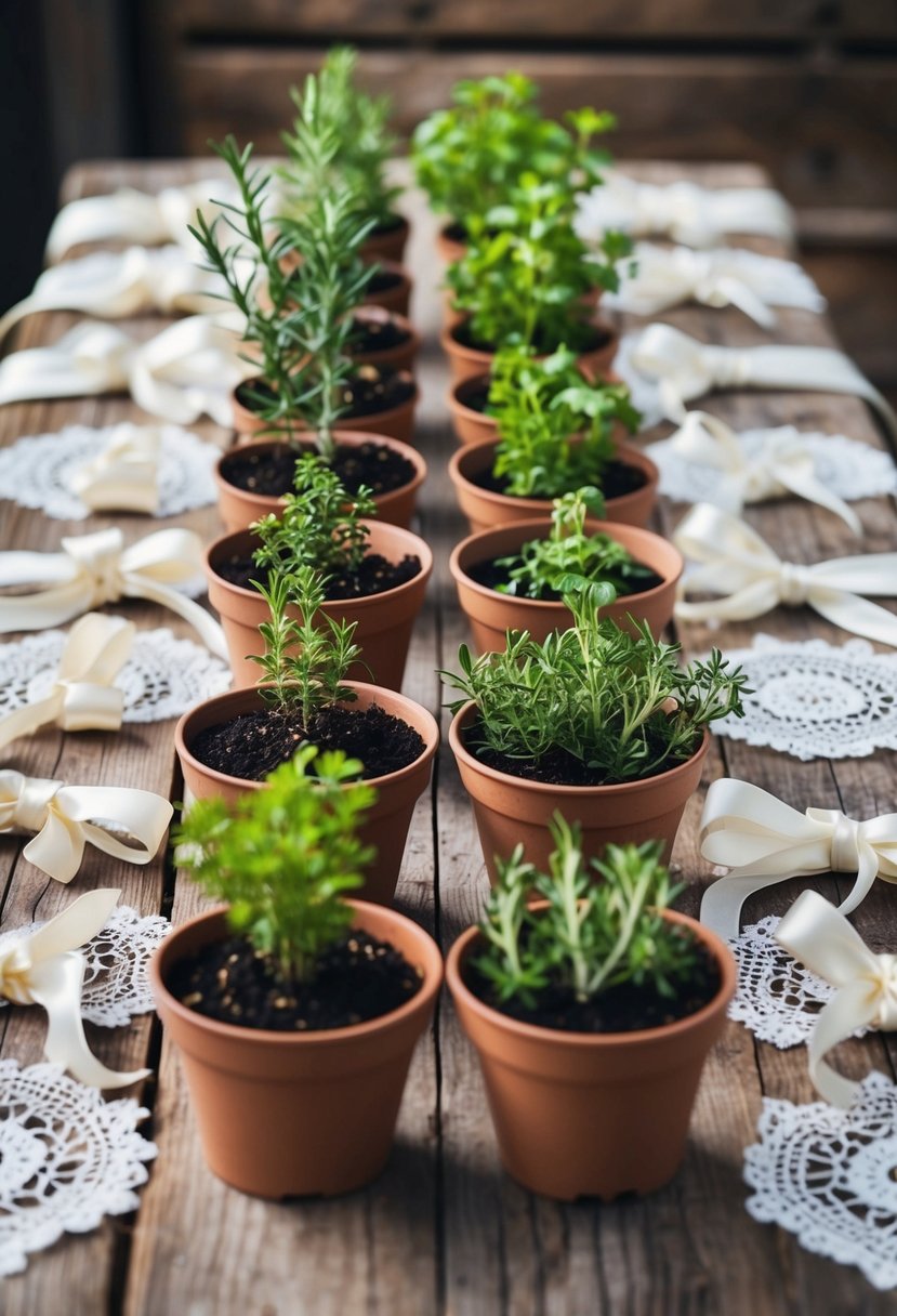 A rustic wooden table with potted herbs arranged in a row, surrounded by delicate lace and ribbon accents