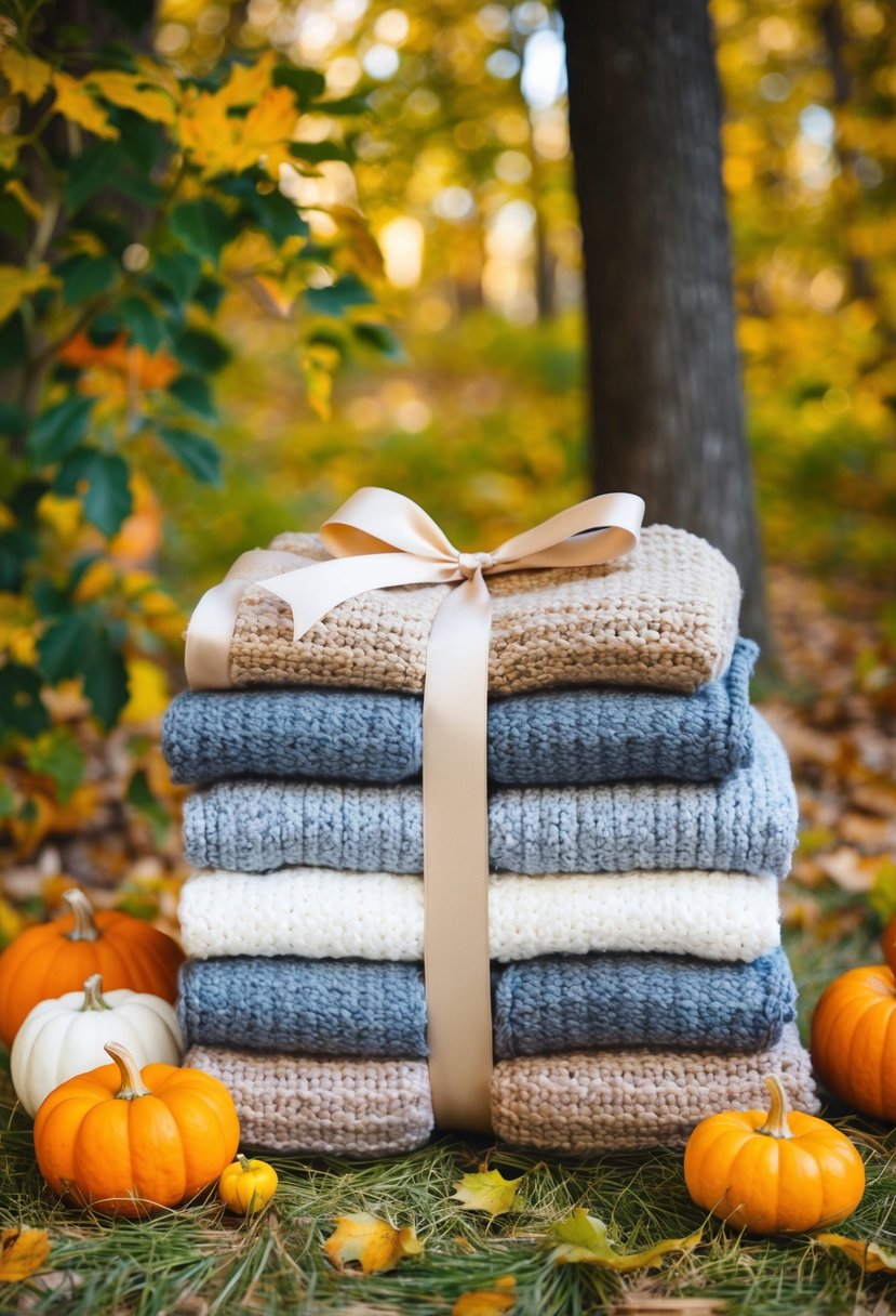 A stack of cozy throw blankets tied with ribbon, surrounded by autumn foliage and small decorative pumpkins