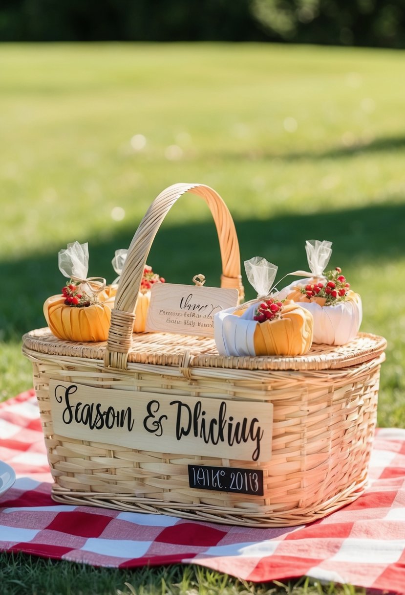 A sunny outdoor picnic with personalized baskets filled with seasonal wedding favors