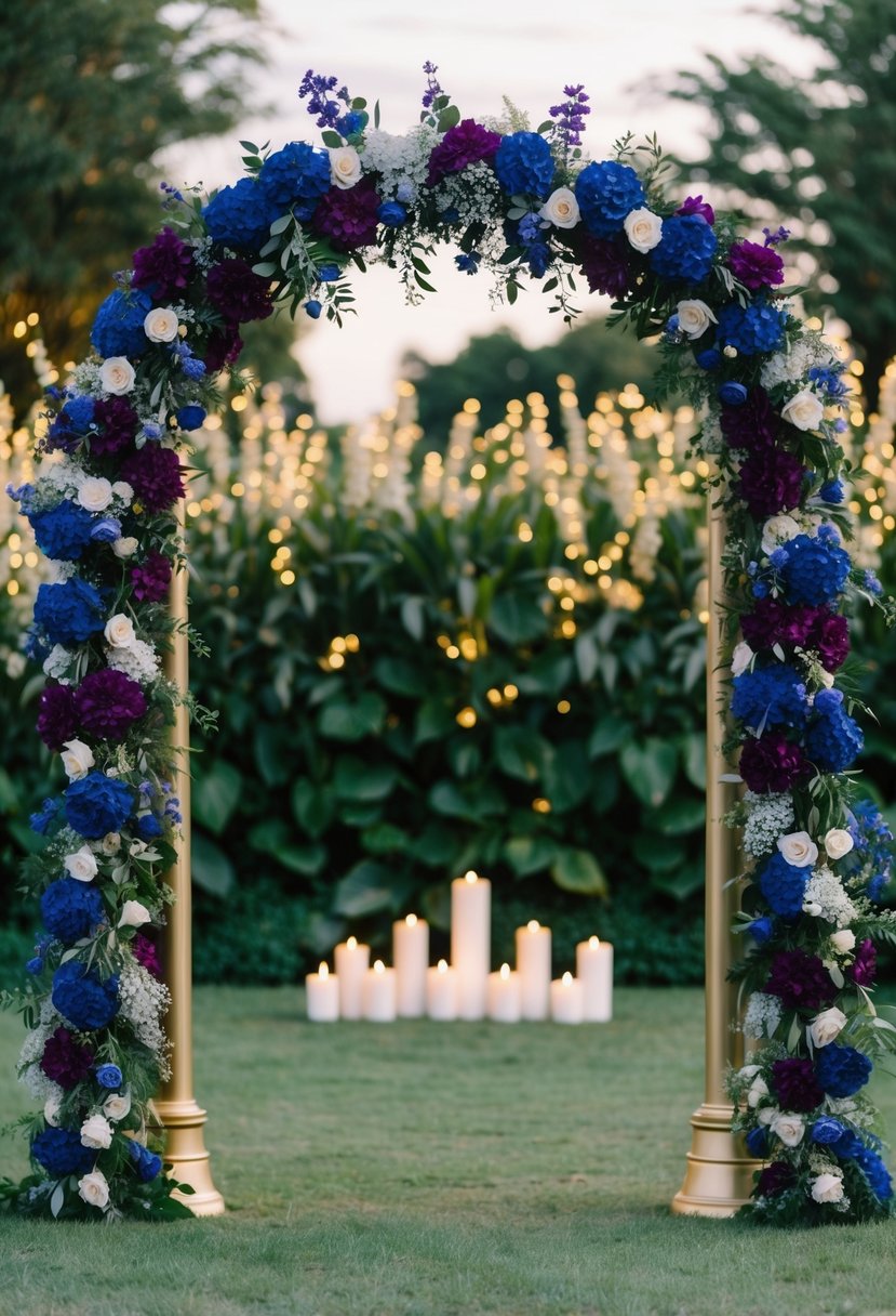 A regal wedding arch adorned with royal blue and purple flowers, set against a backdrop of lush greenery and soft candlelight